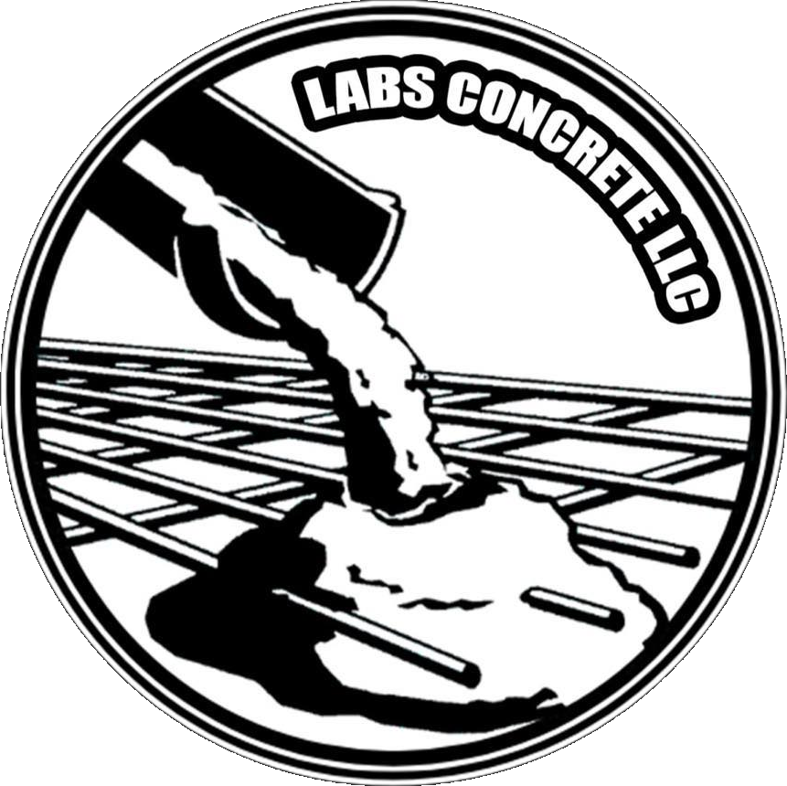 LABS Concrete LLC badge — chute pouring onto rebar
